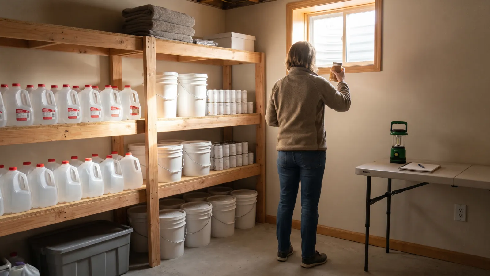 An organized American basement storage corner with sturdy shelves of plain stacked water jugs