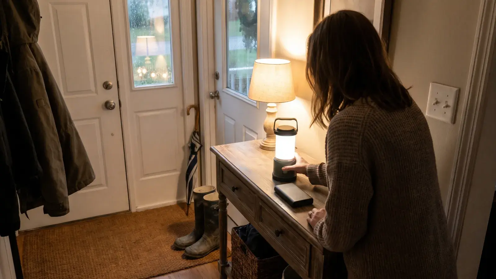 A warm, lived-in American home entryway on a rainy winter evening in the South