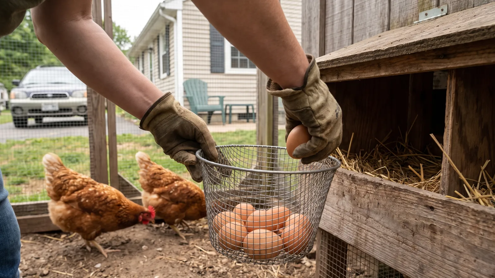 A person's hands in garden gloves collecting brown eggs from a wooden nesting box into a wire basket in a backyard chicken coop in America