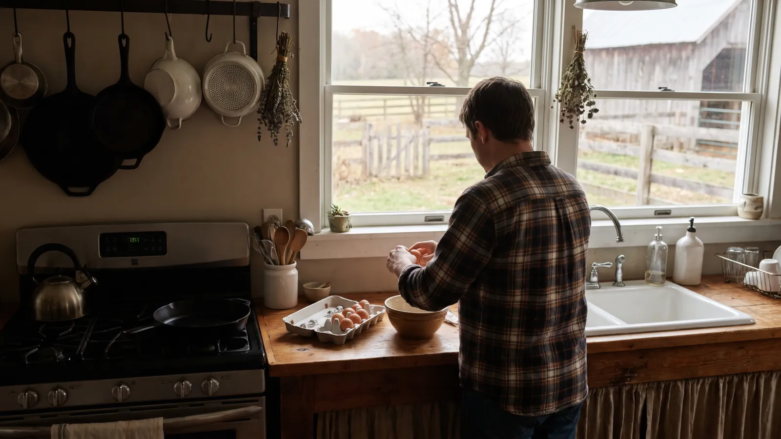 A warm, lived-in American farmhouse kitchen in the morning