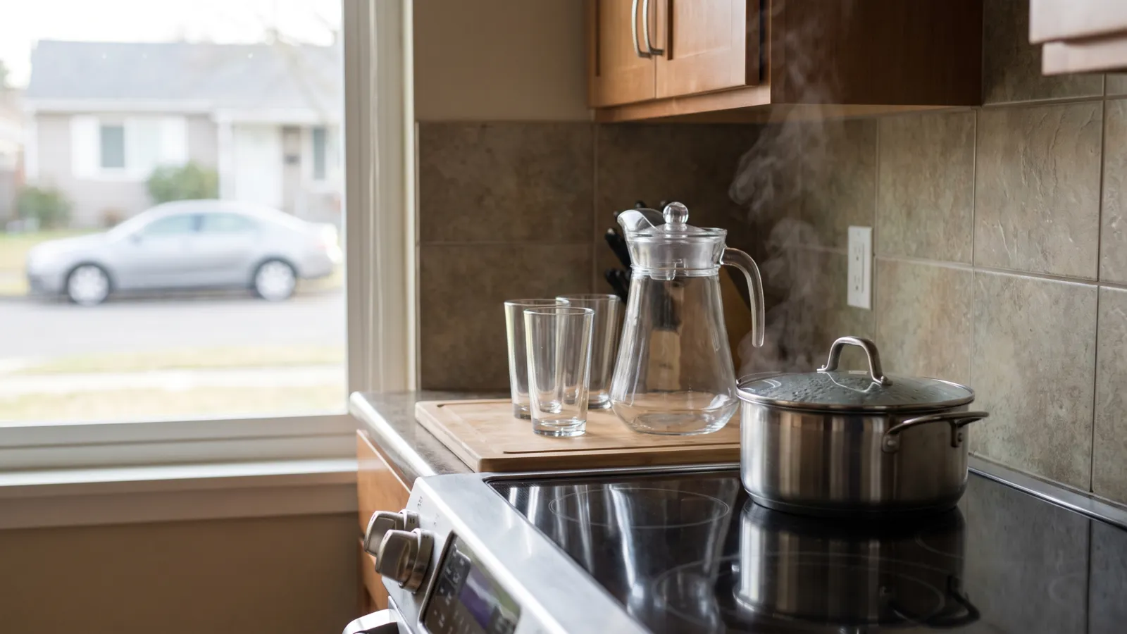 A stainless steel pot of water boiling on an electric stove in an American kitchen