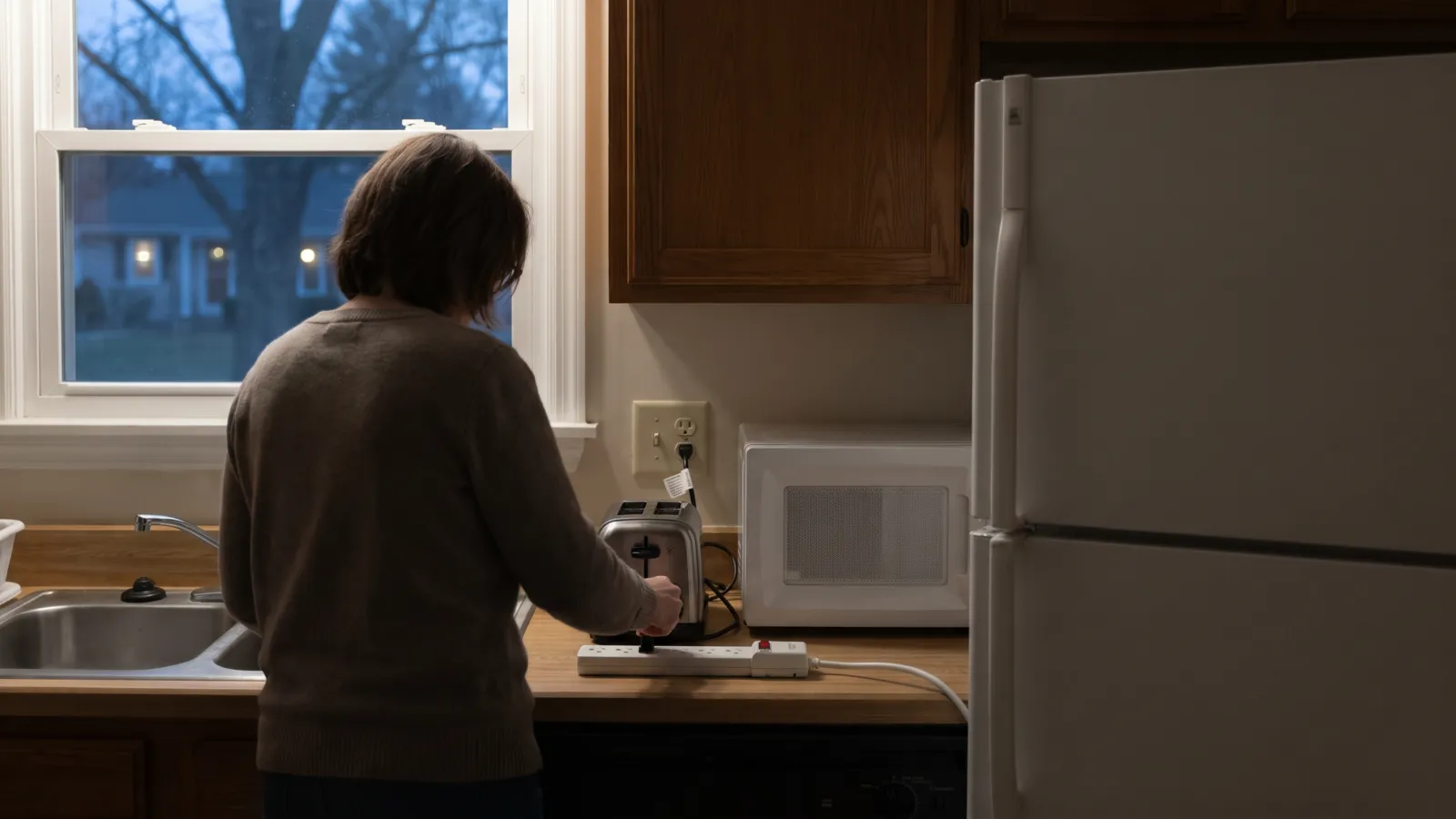 A warm American kitchen in evening light with a plain white refrigerator and a microwave