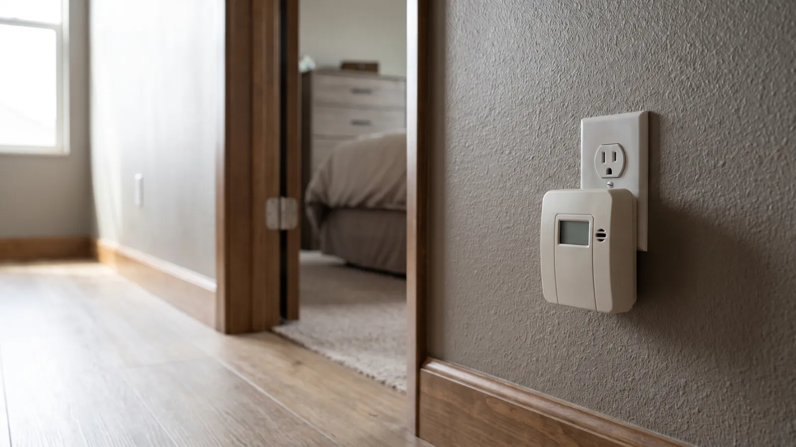 An unbranded carbon monoxide alarm with a small digital display plugged into a wall outlet in the hallway outside a bedroom of an American home