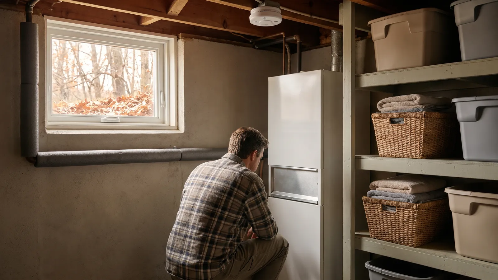 A warm, lived-in American home basement utility corner on a crisp late-autumn afternoon