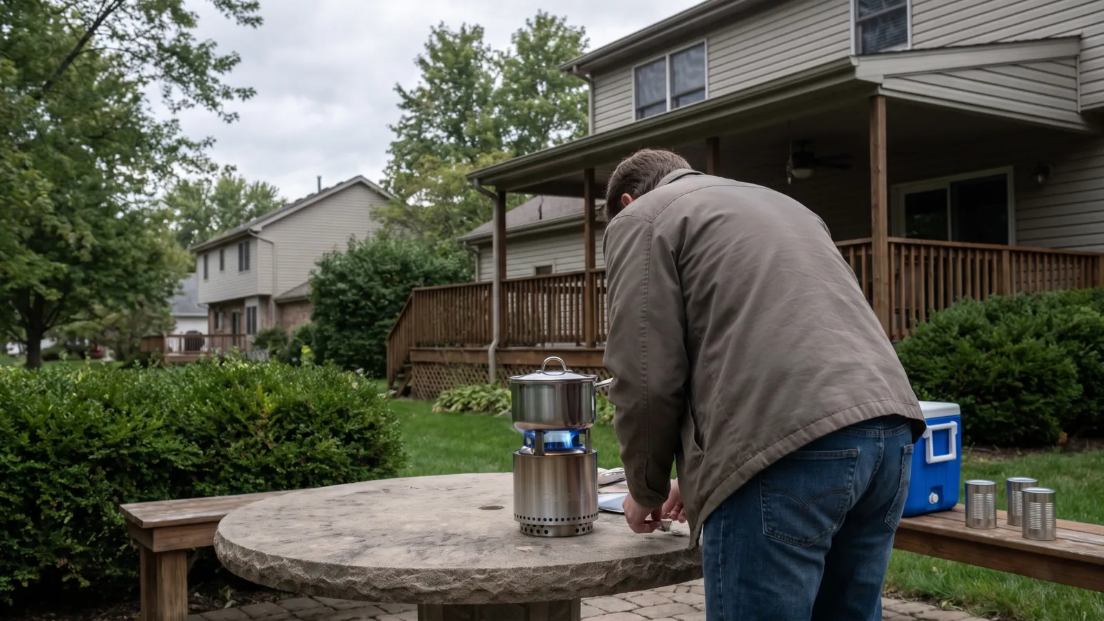 A safe outdoor American backyard patio on a mild day well away from the house