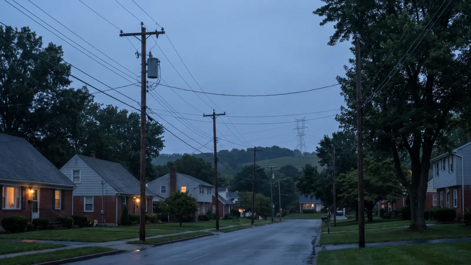 A quiet American suburban street at blue dusk with lit windows in single-family homes