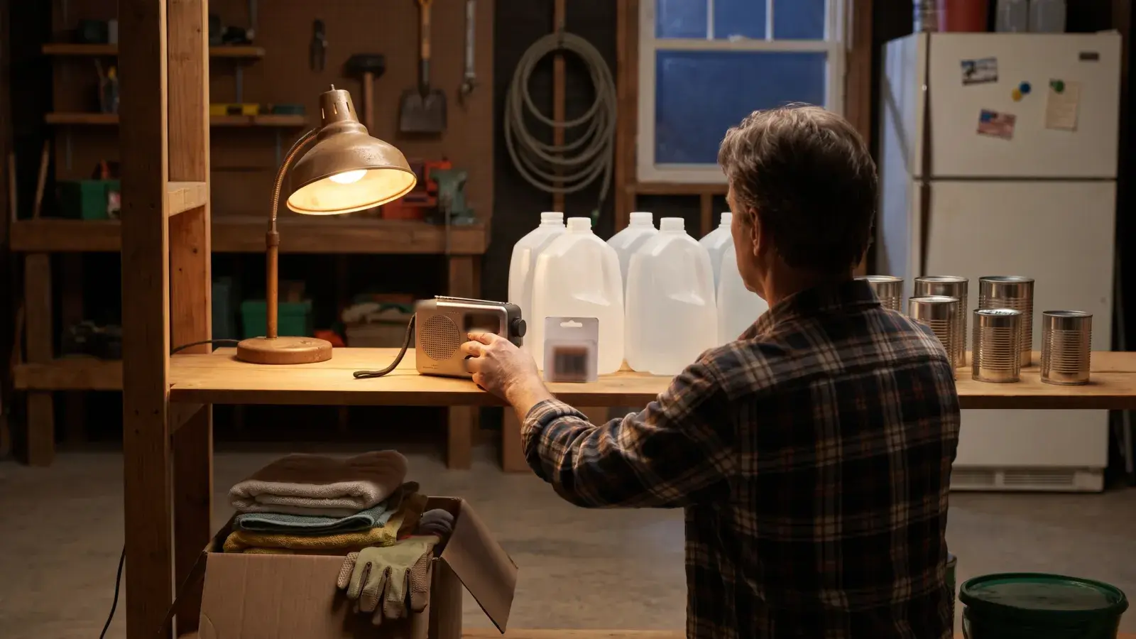 A warm, lived-in American garage pantry in the evening