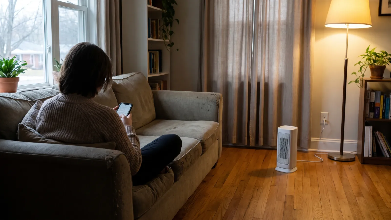 A cozy American living room with a small plain unbranded generic white ceramic tower space heater standing safely on a hardwood floor on its own