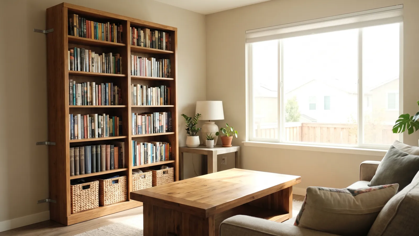 A California living room with a tall bookcase secured to the wall with furniture straps