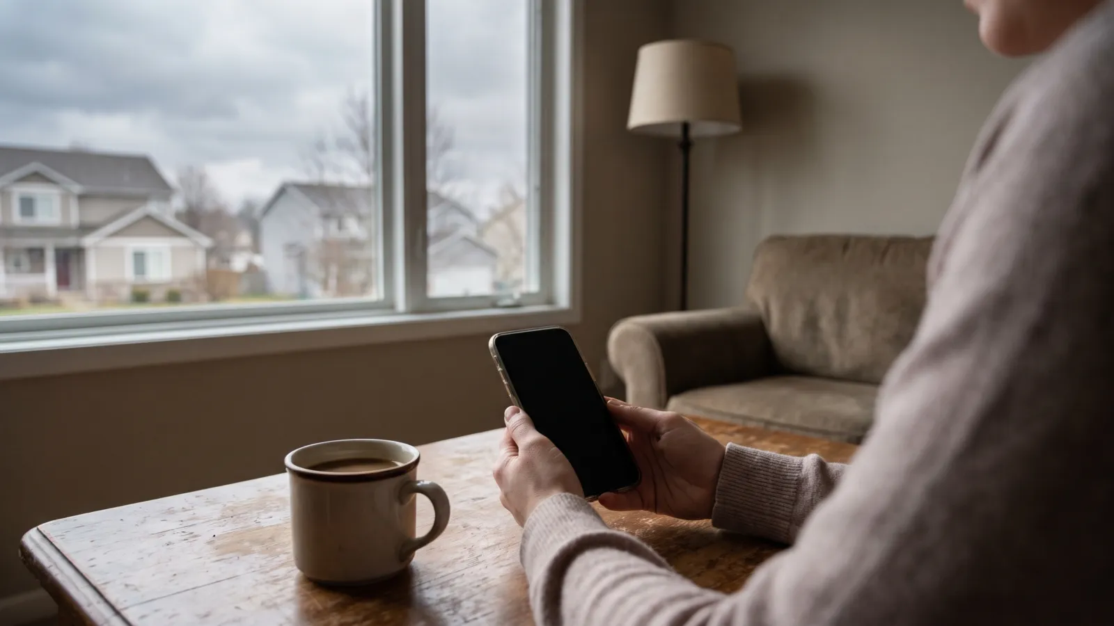 A person's hands holding a smartphone in a warm American living room
