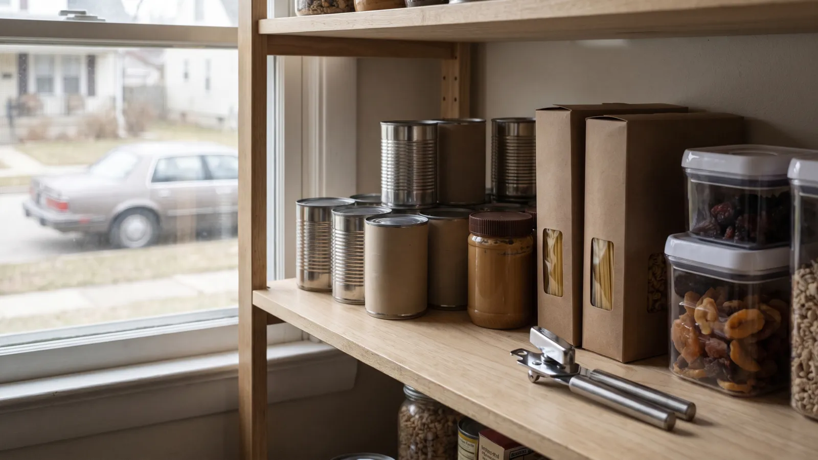 A tidy pantry shelf in an American home stocked with unbranded canned goods