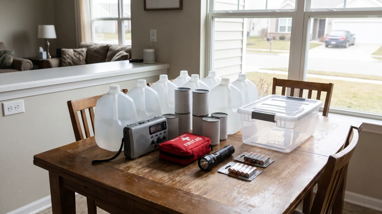 An organized home emergency kit laid out on a wooden kitchen table in an American suburban home