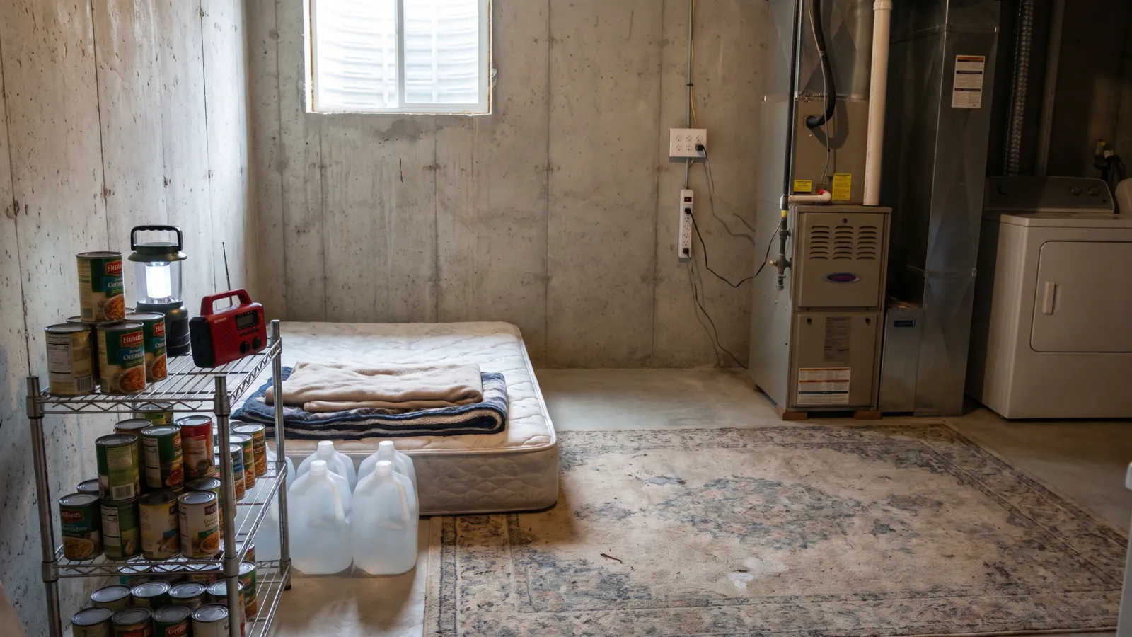 The interior of an American home basement set up as a shelter