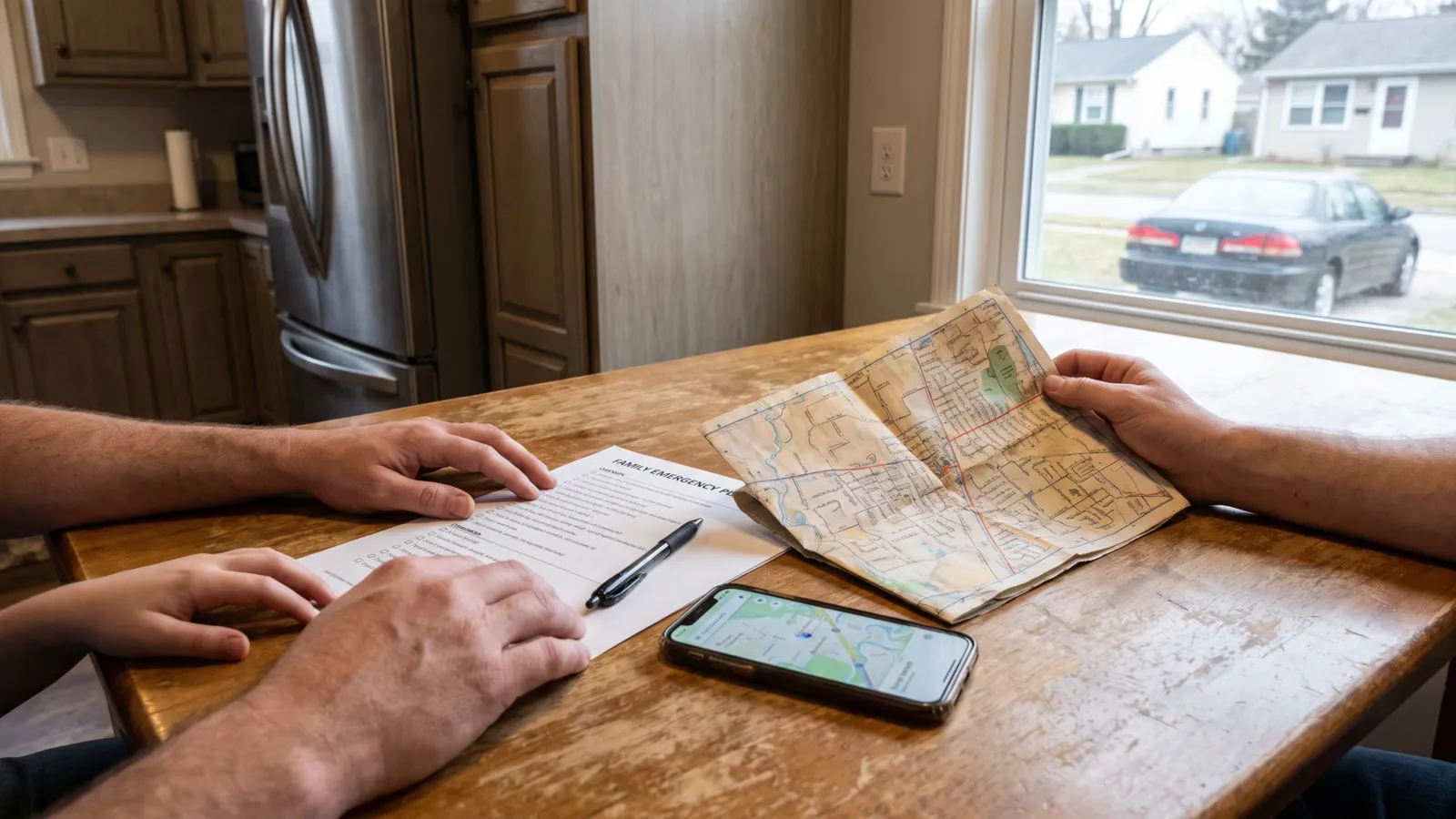 A family emergency plan being filled in at a kitchen table in an American home