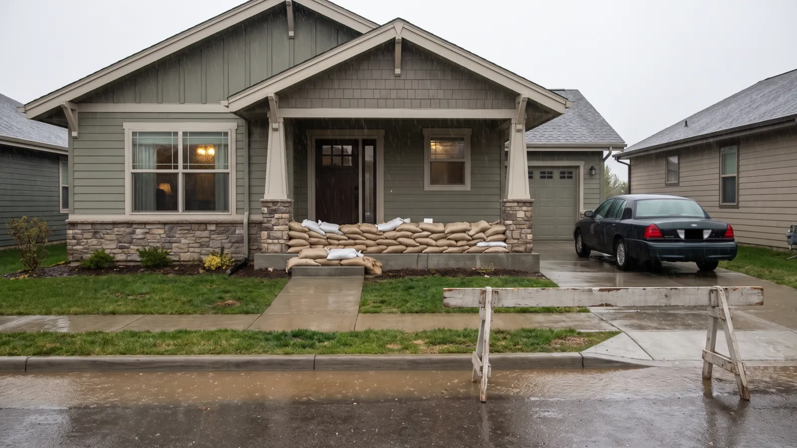 Sandbags stacked neatly across the front door of an American house during steady rain