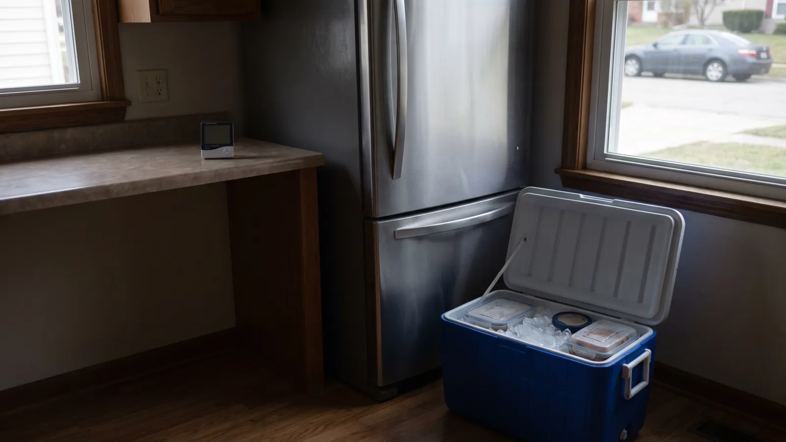 A cooler packed with ice and food containers on the floor next to a closed refrigerator in a dim American kitchen during a power outage