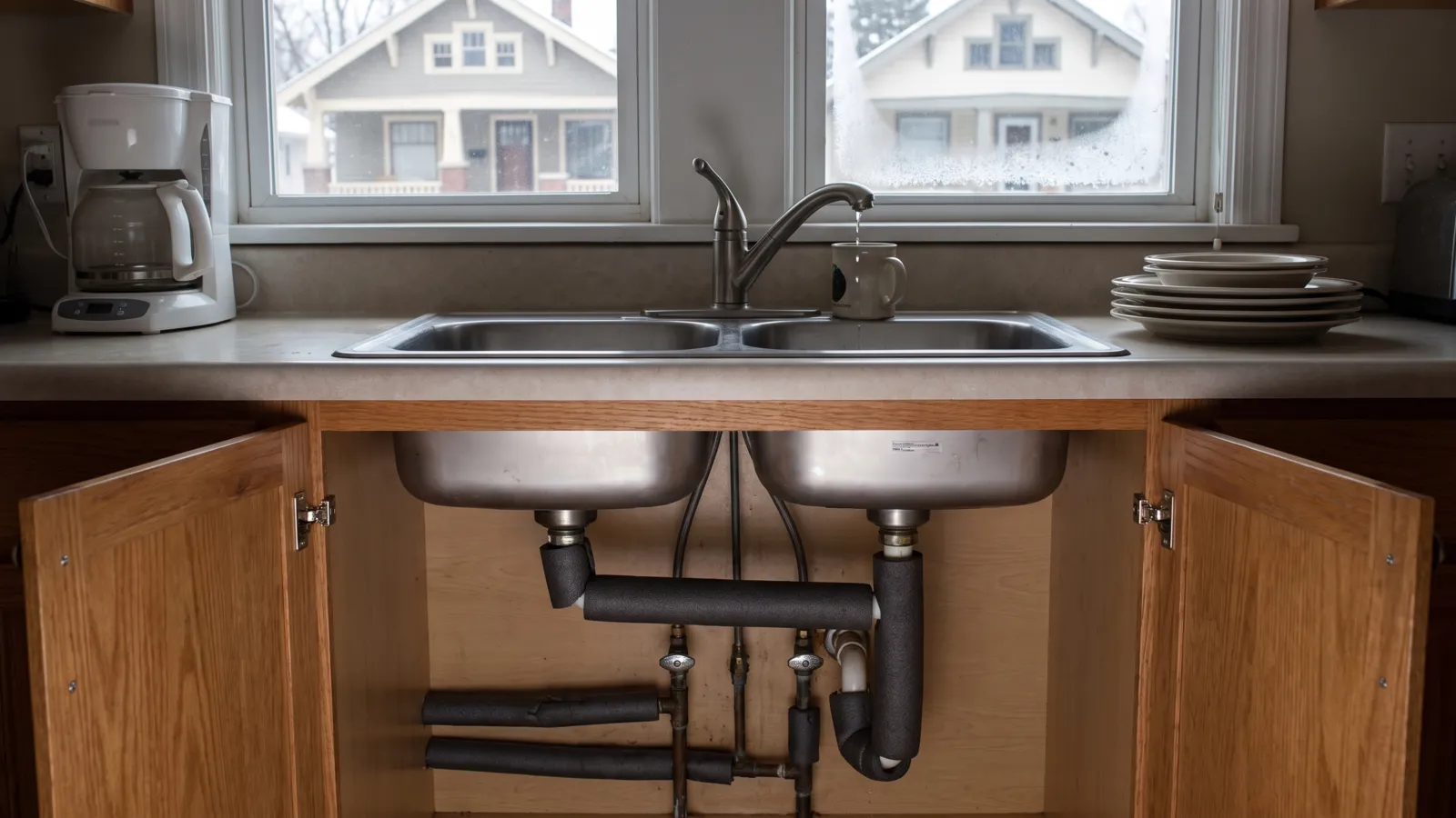 An open cabinet under a kitchen sink in an American home