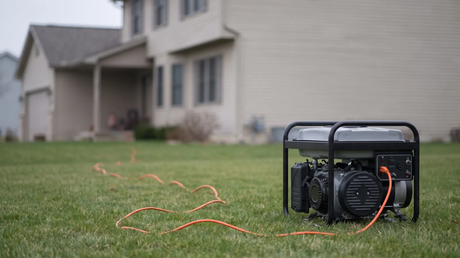 A portable generator running outdoors on a level patch of lawn far away from a suburban American house