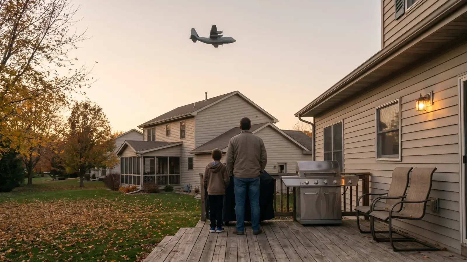 A calm American suburban backyard at golden hour in autumn
