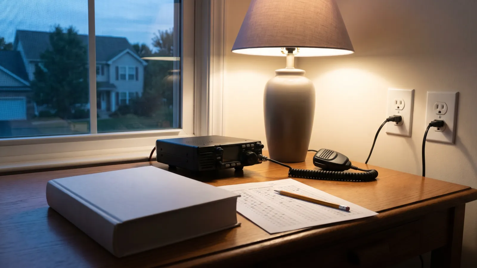 A home desk with a mobile amateur radio transceiver