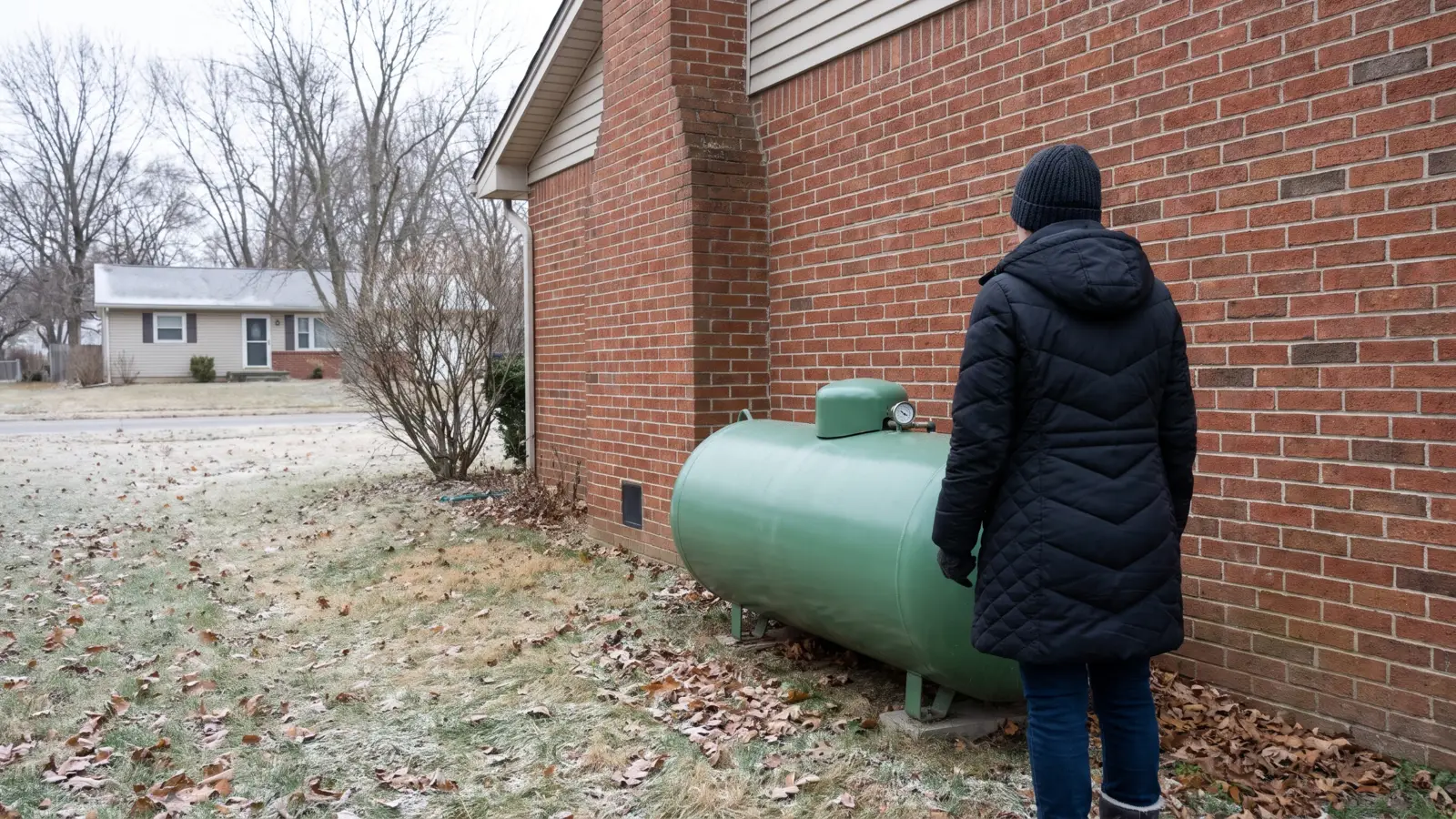 The side yard of an American house in cold clear weather