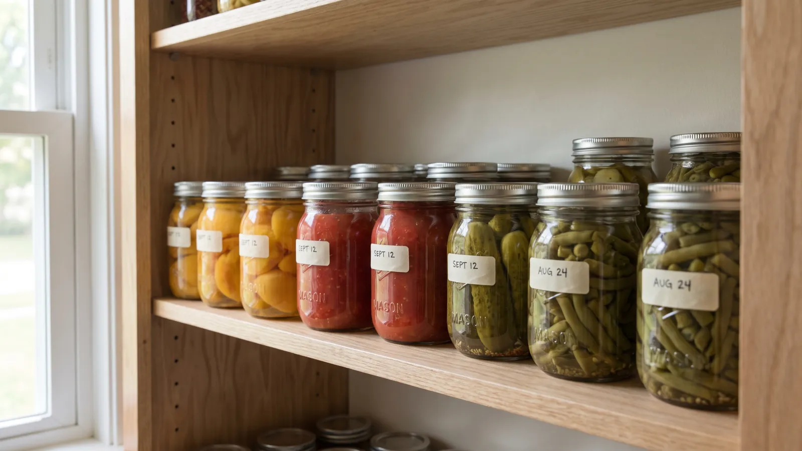 Rows of home-canned Mason jars of peaches