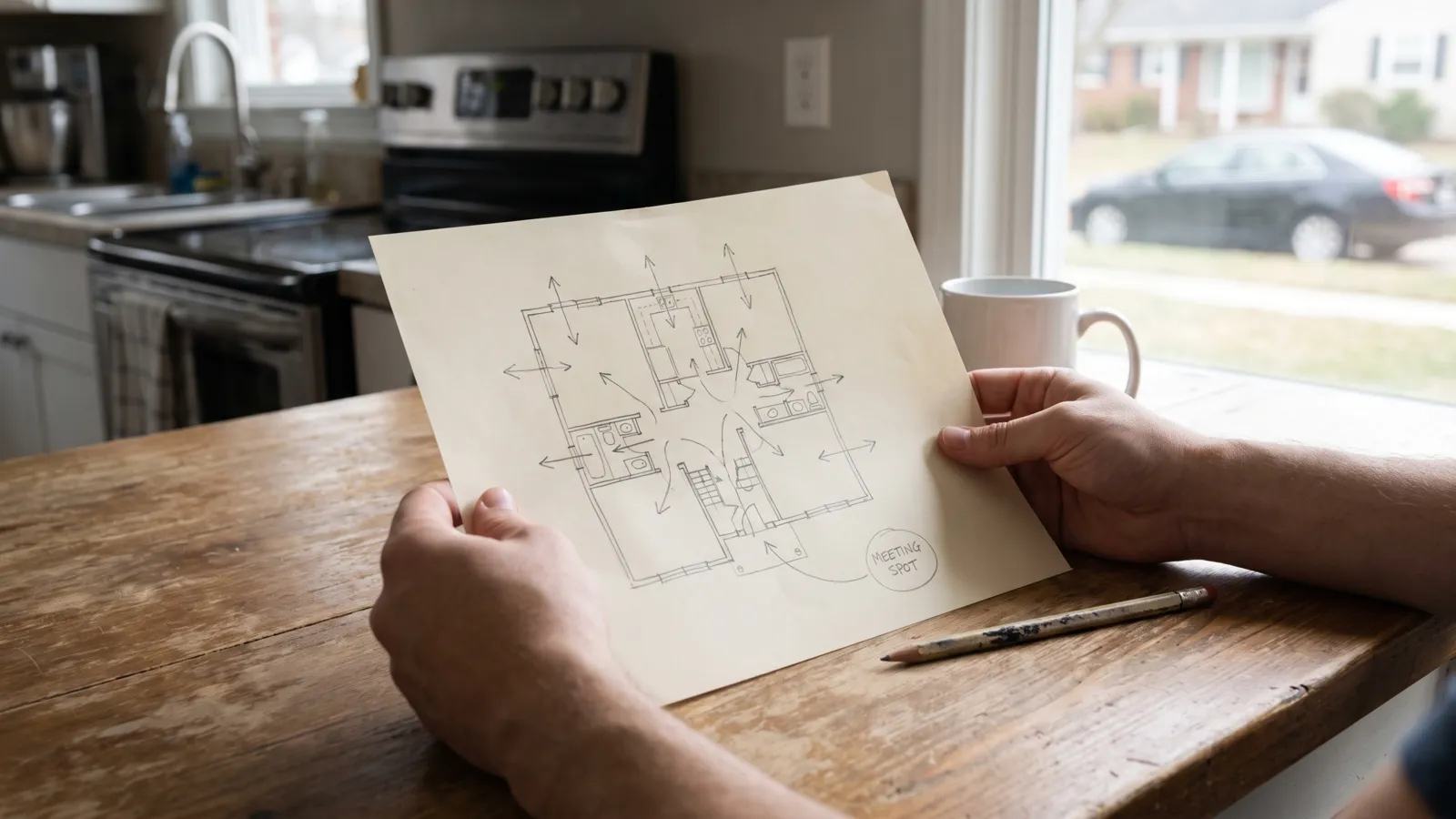 A hand-drawn floor plan of a two-story house on paper on a kitchen table