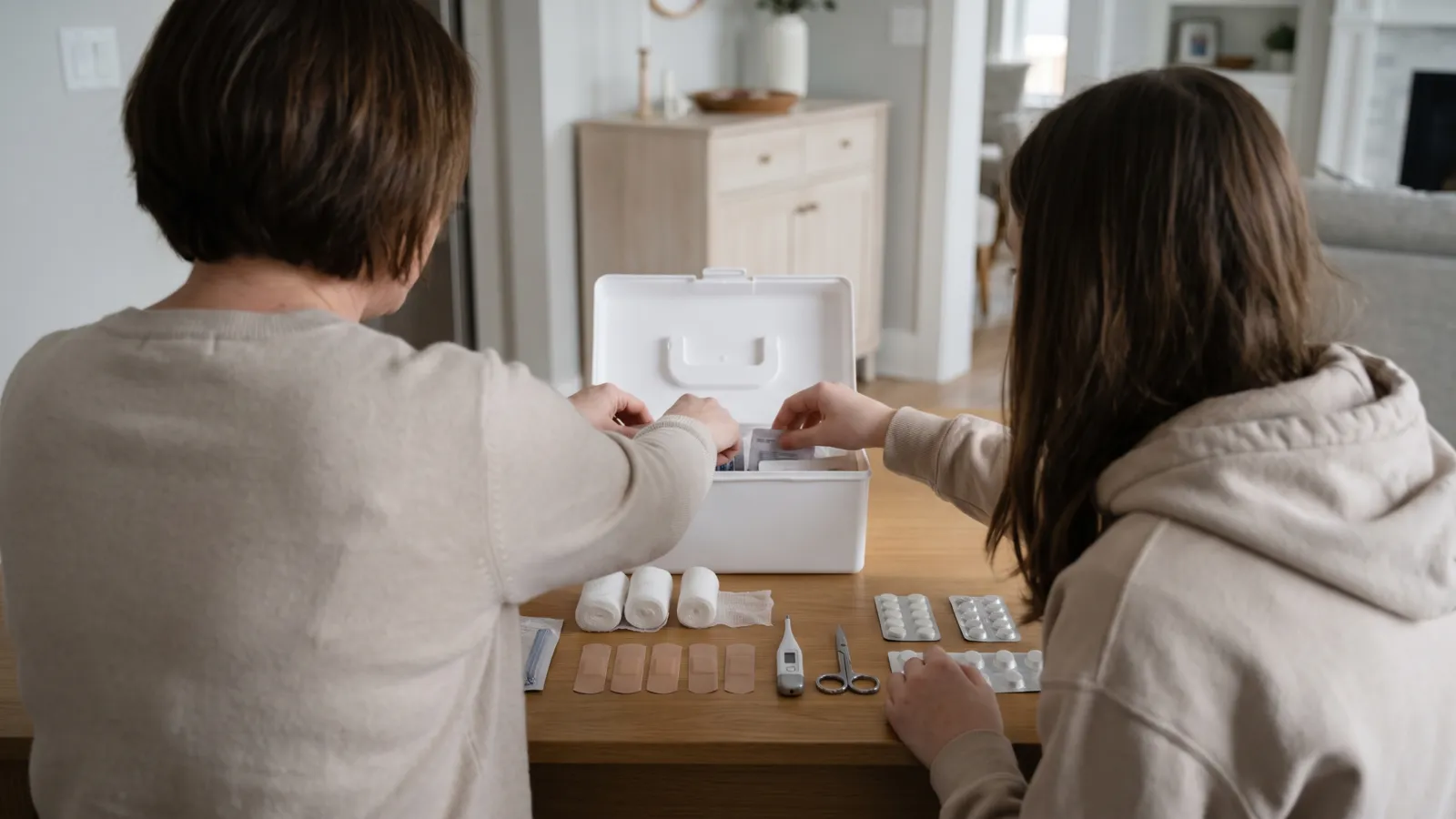 A warm American kitchen table where a parent and a teenager seen from behind sort a plain white first aid box