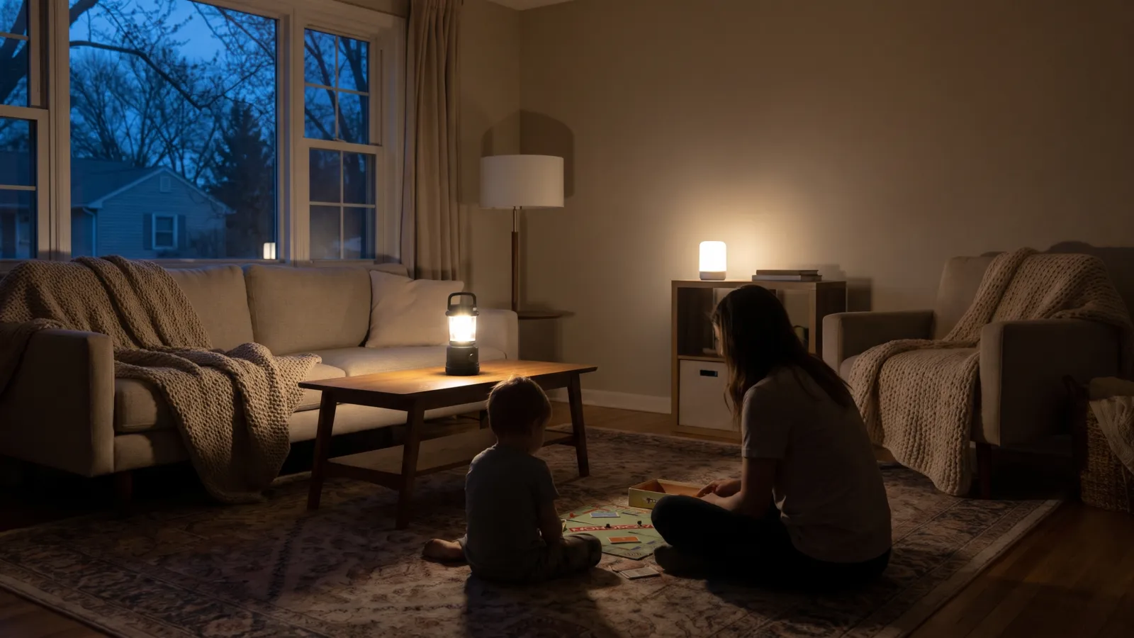 A warm American living room in the evening during a power outage