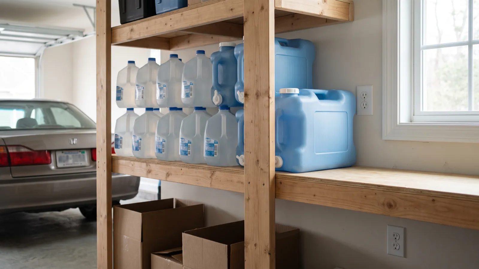 Neatly stacked one-gallon water jugs and larger blue water storage containers on sturdy shelving in a clean American garage