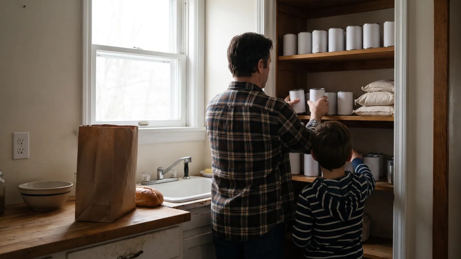 A calm American family kitchen with a parent and a child seen from behind placing plain canned goods and bags of rice and beans onto a pantry shelf