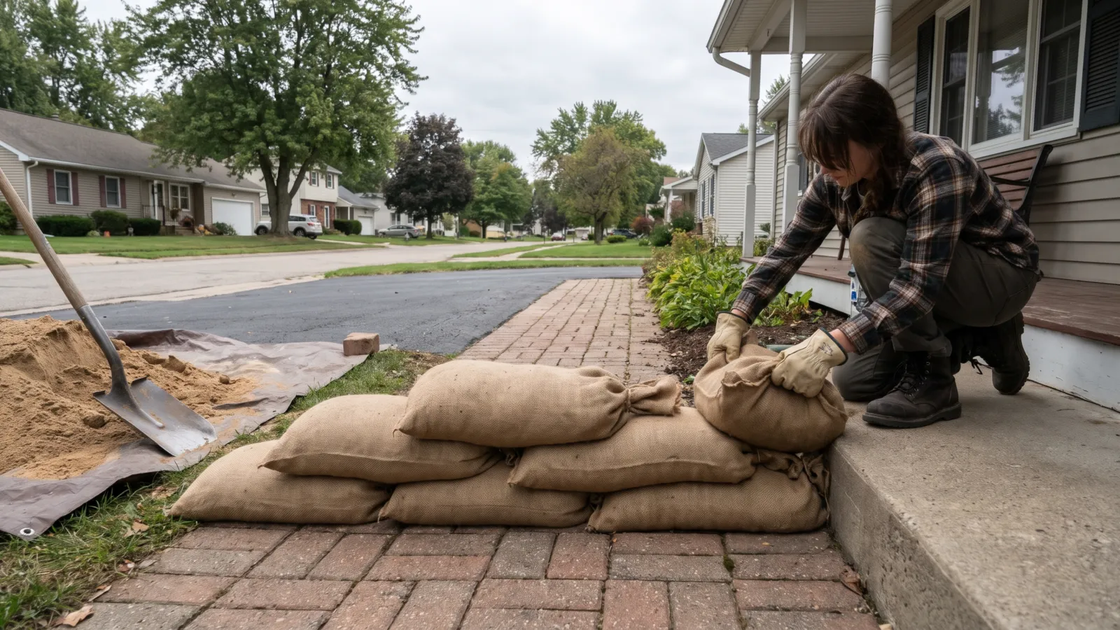 An American suburban home's front doorway on an overcast day