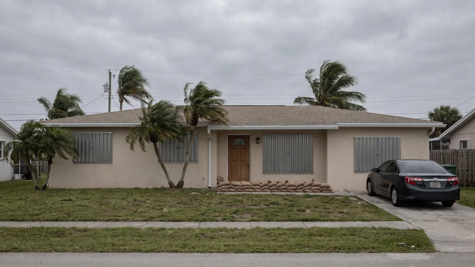 A single-story Florida home with storm shutters closed over the windows before a hurricane