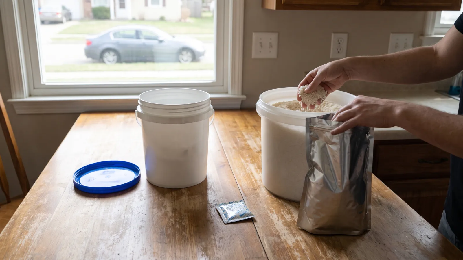 Mylar bags, oxygen absorbers and buckets compared for US households