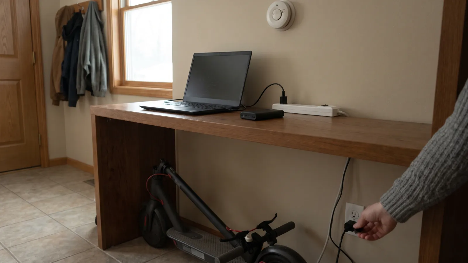 An American home entryway shelf with a laptop charging on a hard wooden surface