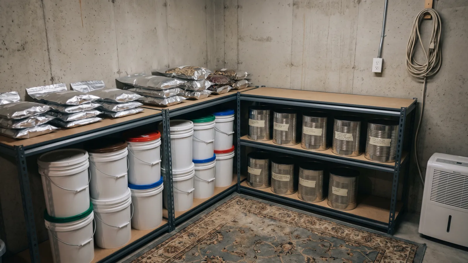 White food-grade buckets with screw-on lids and silver Mylar bags of rice and beans stacked neatly on metal shelving in a dry