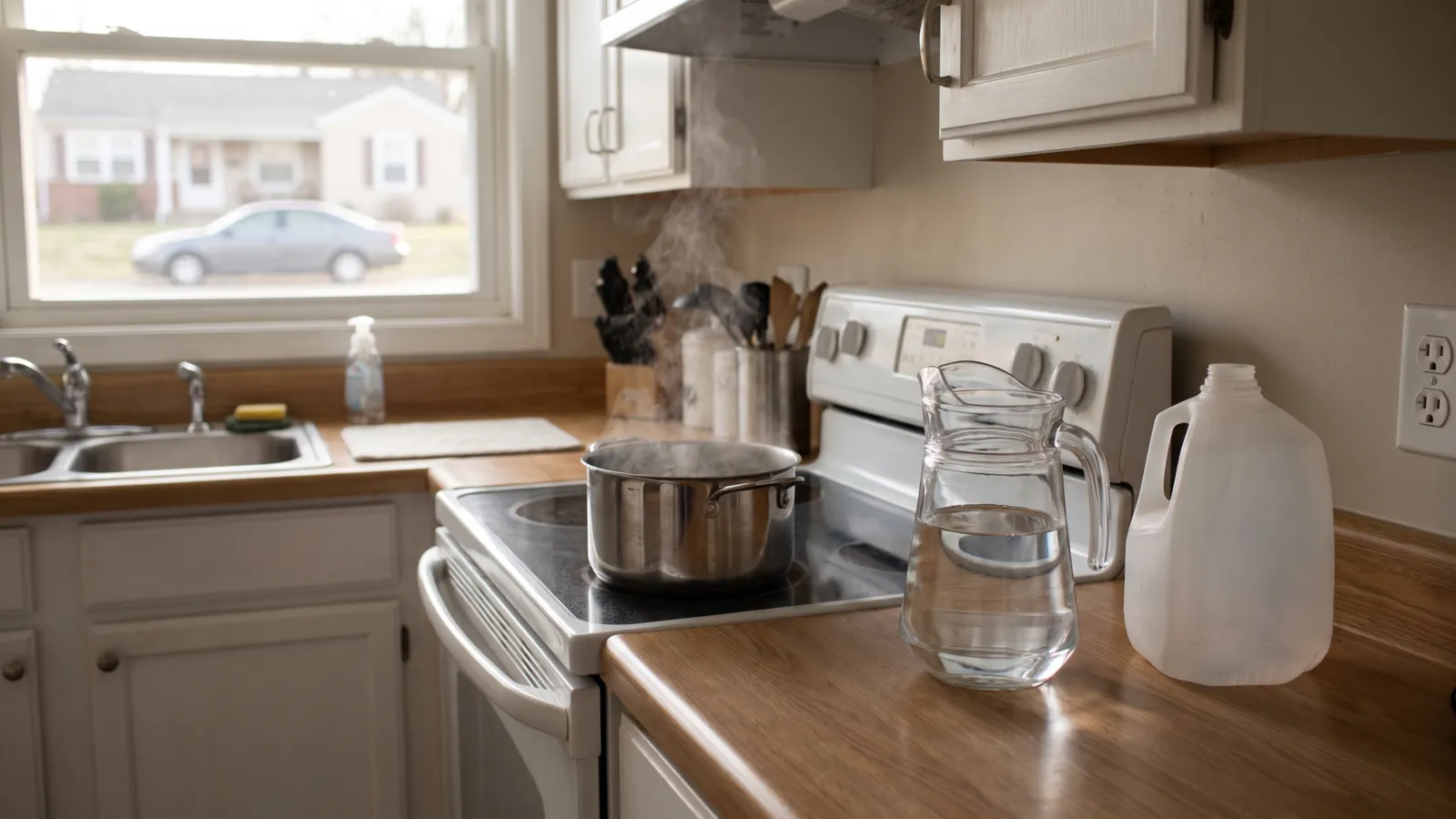 A pot of water at a rolling boil on a stovetop in a bright American kitchen