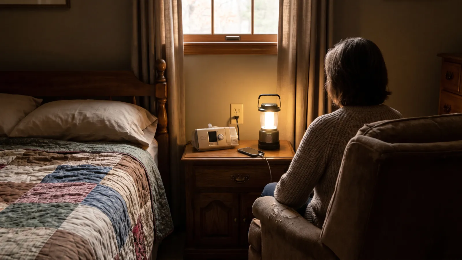 A warm American bedroom at dusk where a person seen from behind sits in a comfortable chair beside a bedside table with a small CPAP-style medical device and a phone charging from a US outlet