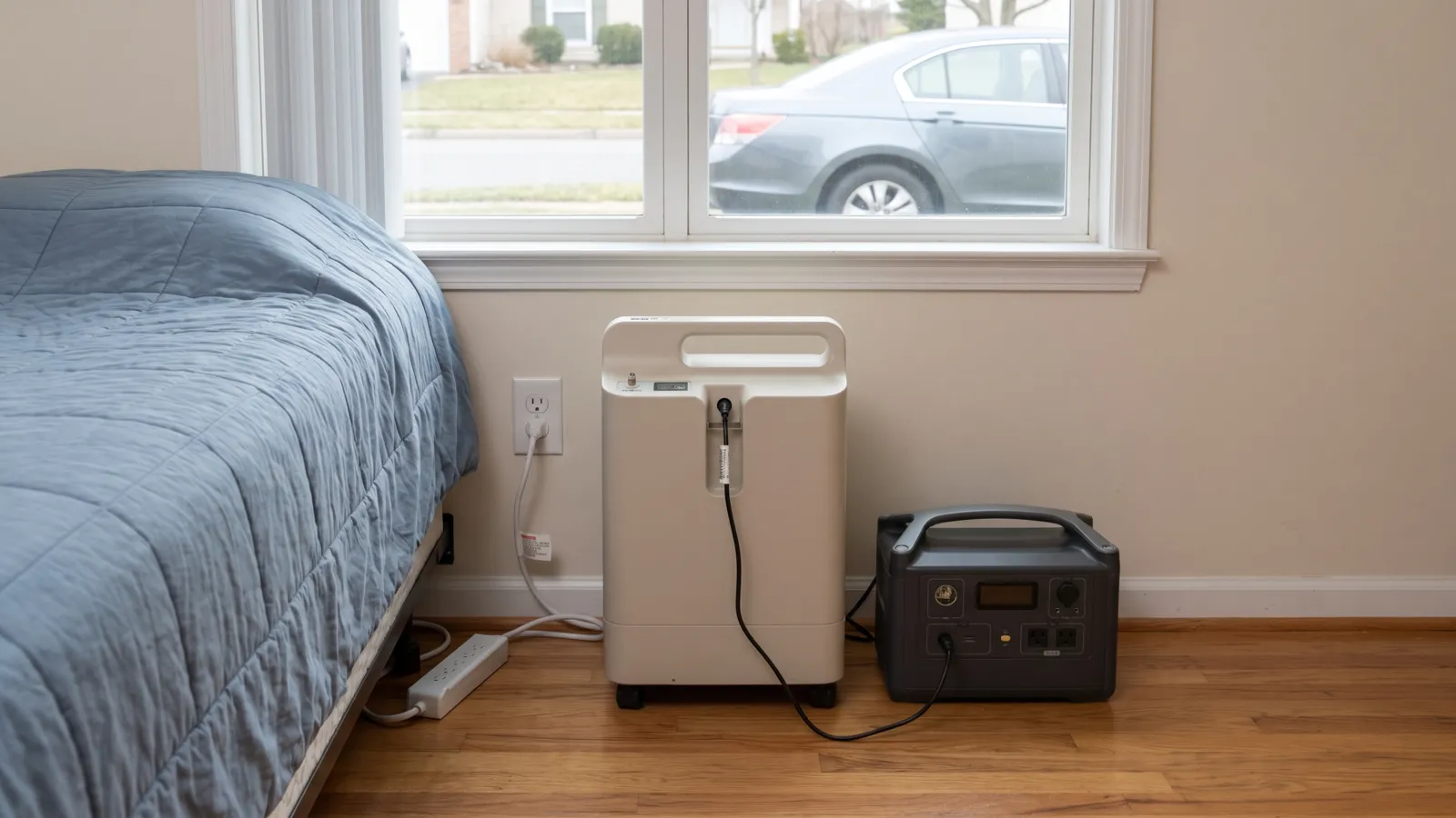 An unbranded home oxygen concentrator plugged into an unbranded portable power station on the floor beside a neatly made bed in an American bedroom