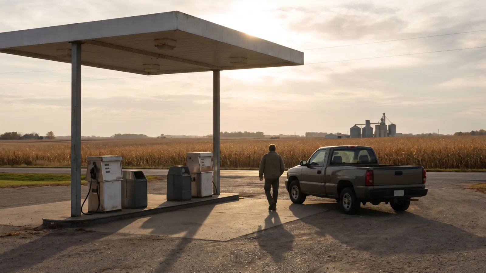 A calm American Midwest gas station forecourt in the late afternoon in autumn, seen from a distance