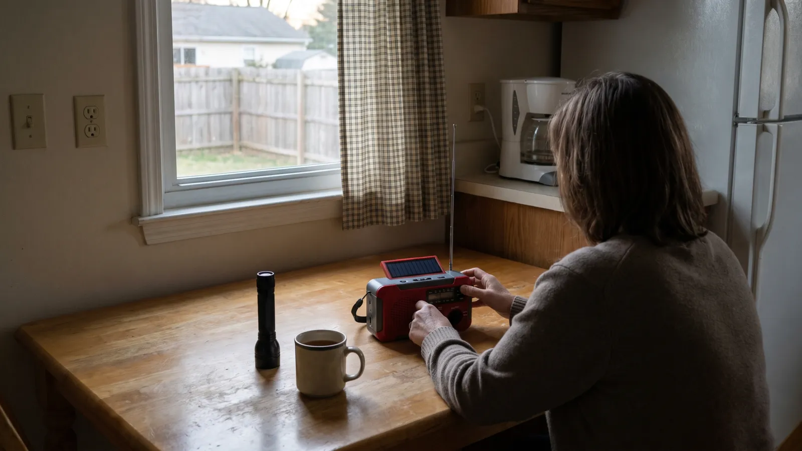 A wooden kitchen table in an American home with a plain hand-crank emergency radio with a small solar panel and antenna extended
