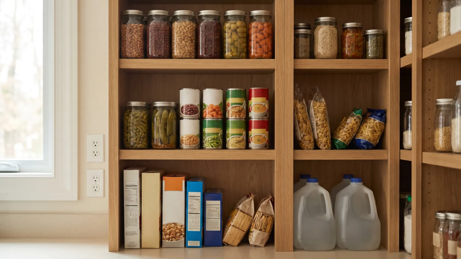 Neatly organized pantry shelves in an American home stocked with canned vegetables