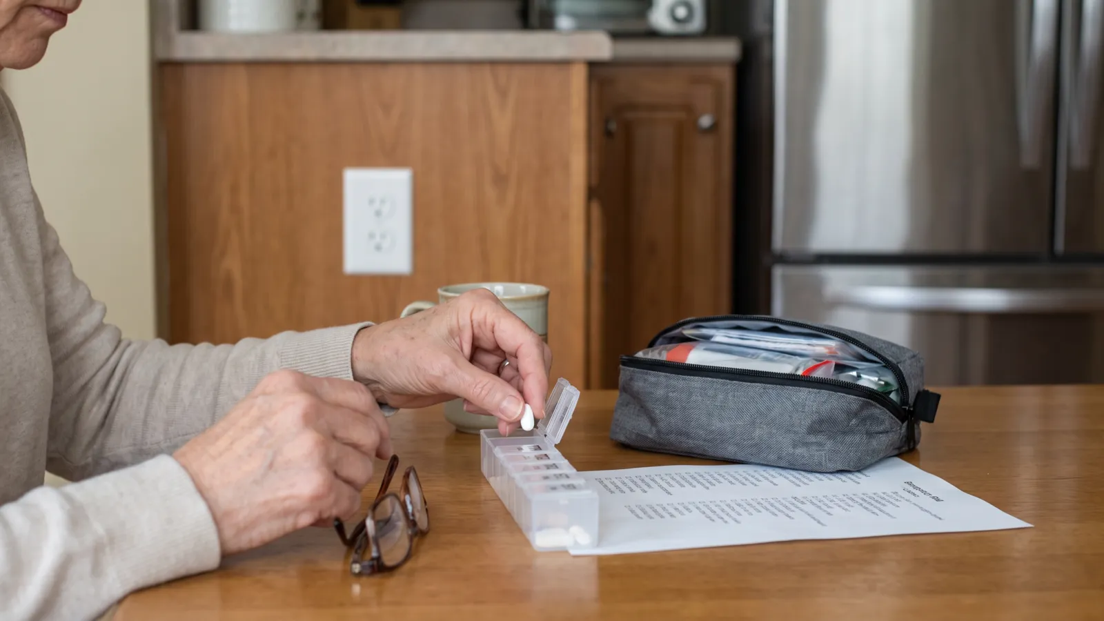 An older adult's hands sorting a weekly pill organizer next to a printed medication list and a small packed emergency bag on a kitchen table