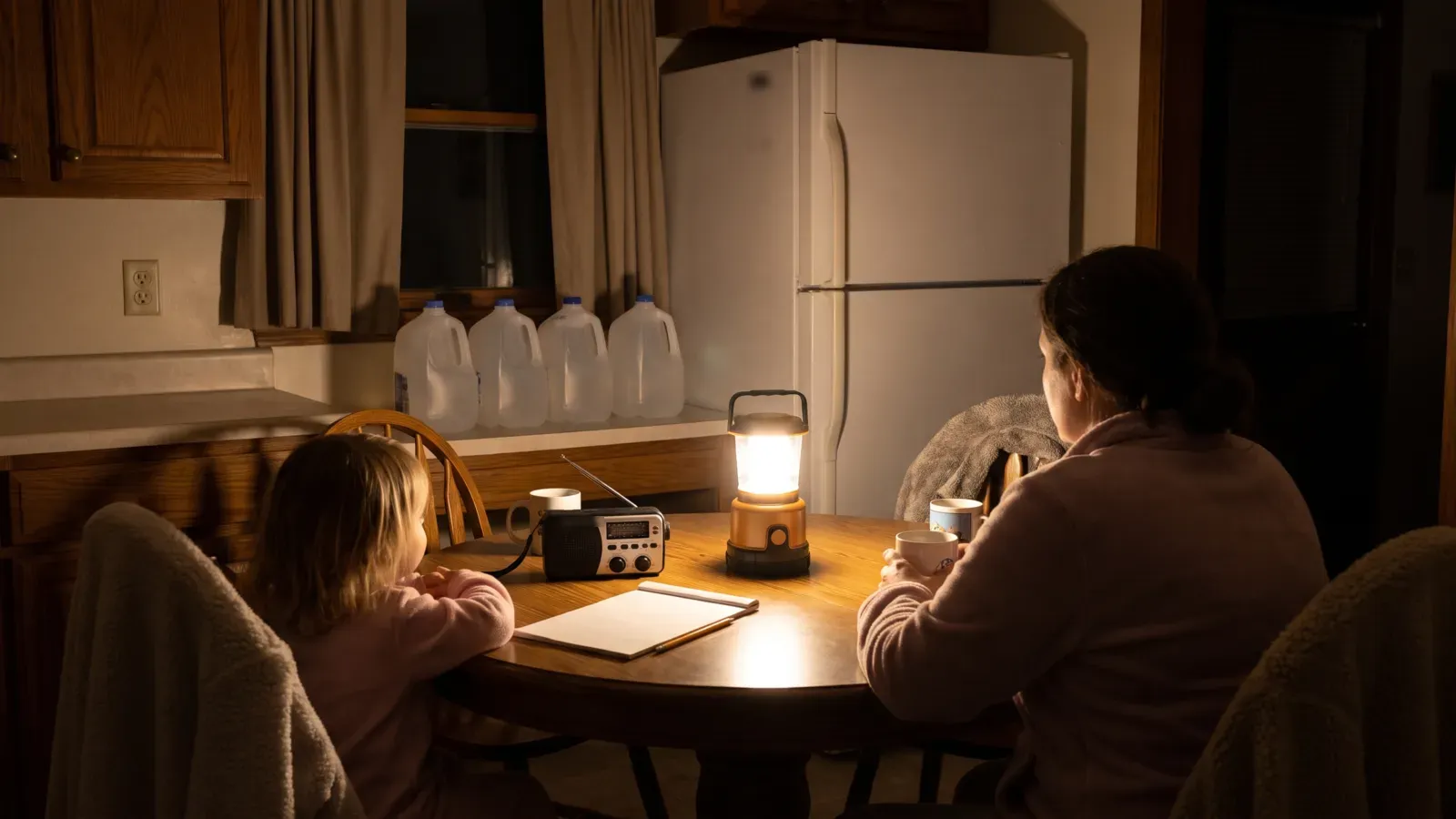 A warm, lived-in American family kitchen in the evening during a calm power outage
