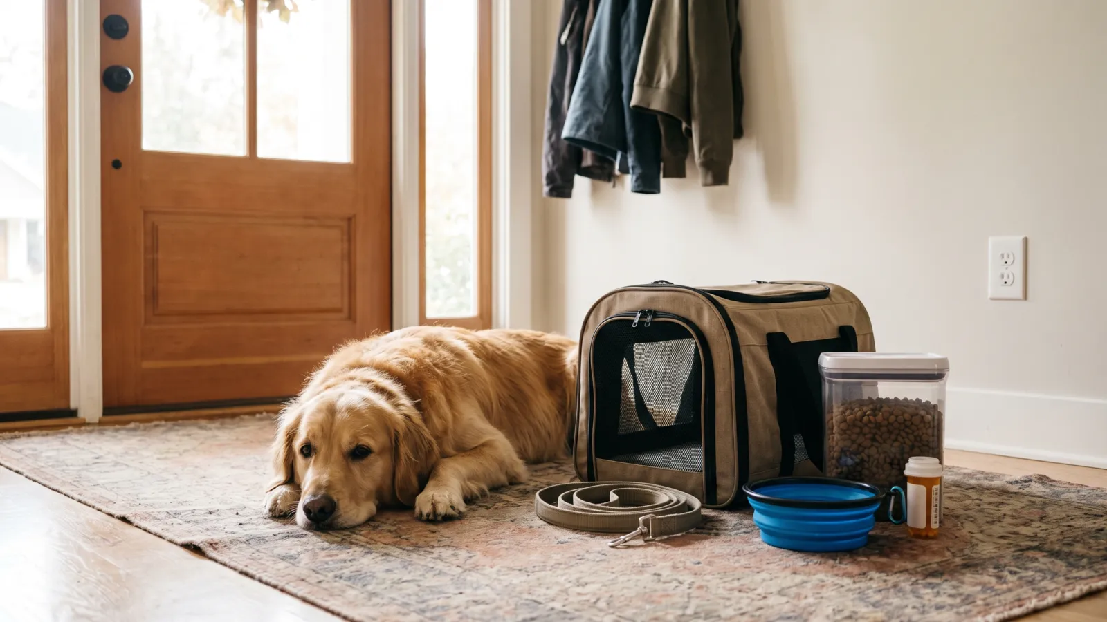 A calm golden retriever lying beside a pet emergency kit by the front door of an American home