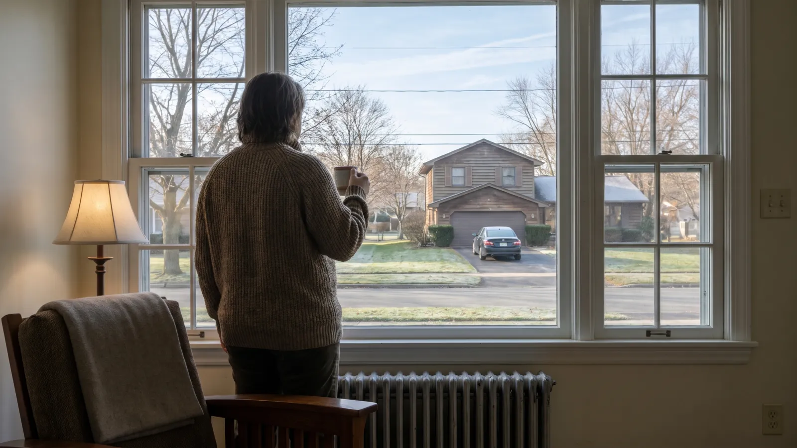 A warm, lived-in American living room on a cold, clear late-autumn morning