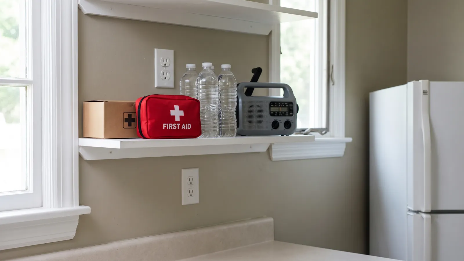 A household emergency shelf in an American home with a small plain box of tablets