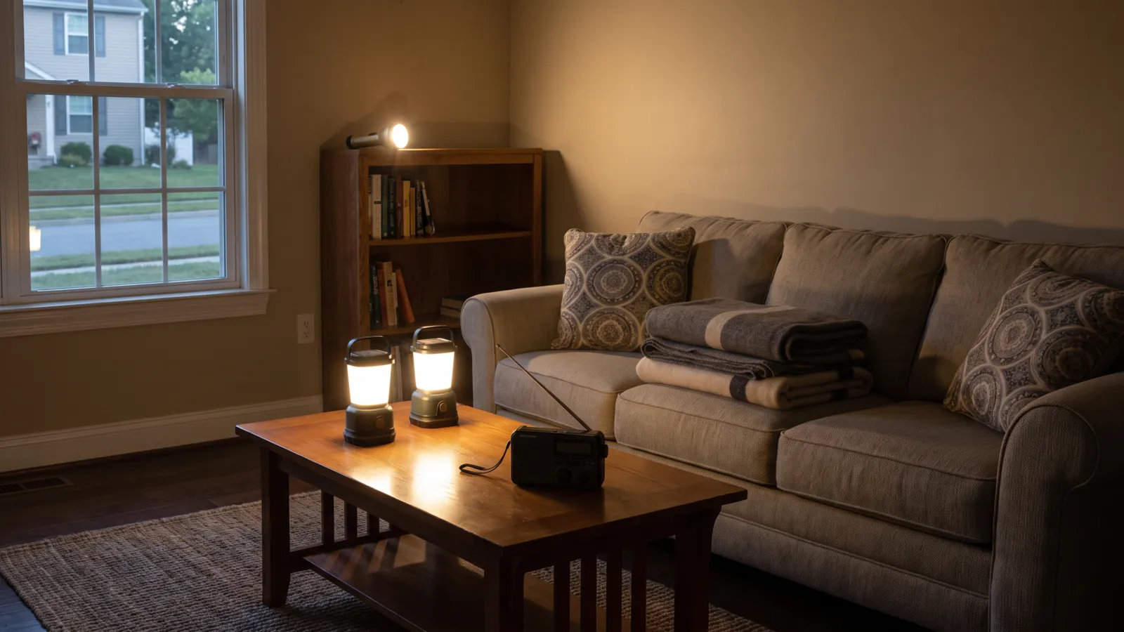 An American living room in the evening during a power outage