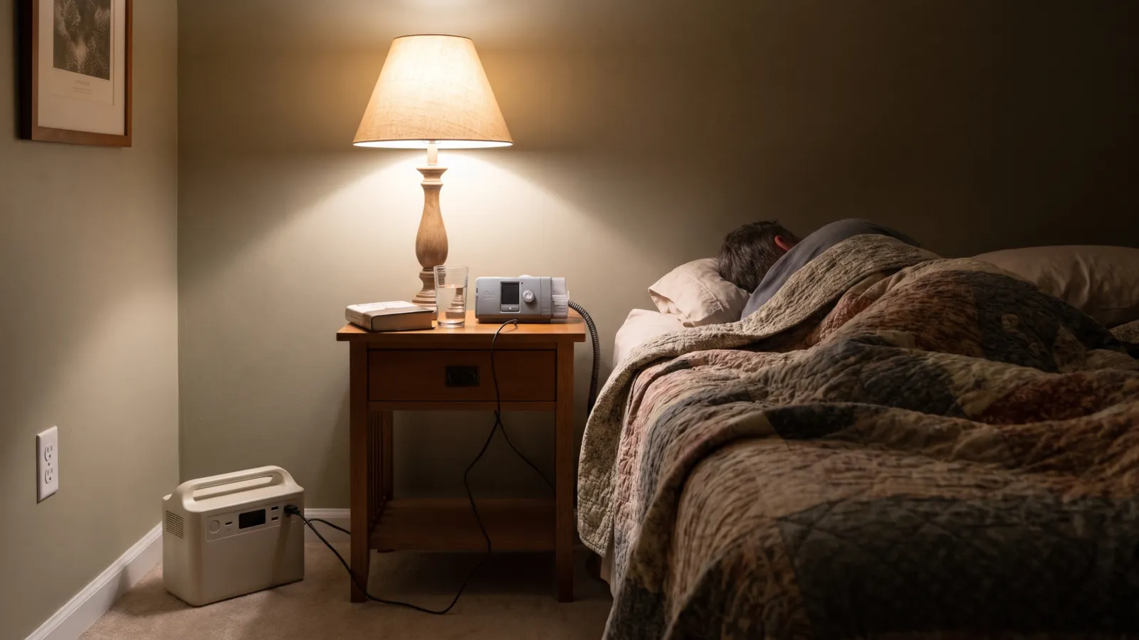 A cozy American bedroom at night with a lit bedside lamp