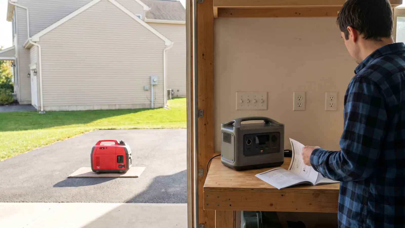 A tidy American suburban garage interior with the big door open to a sunny driveway